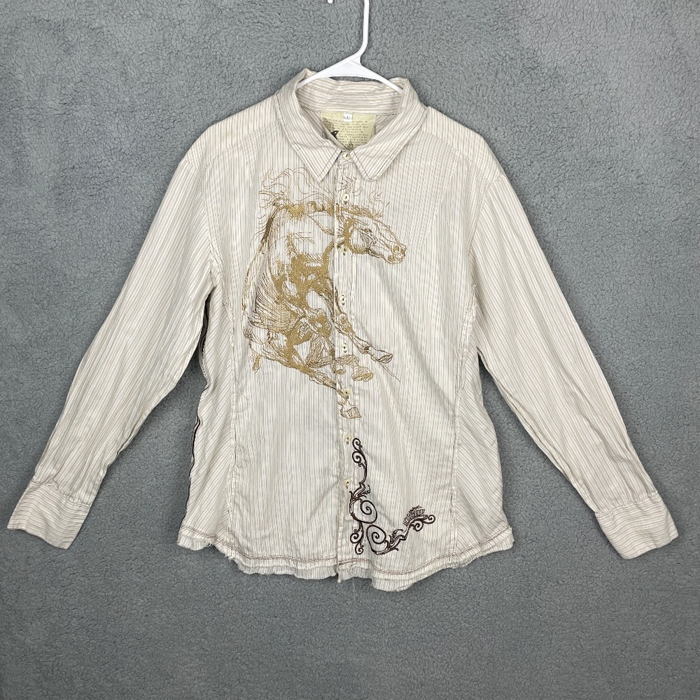 JOHNNY WAS 3J Workshop Button Up Shirt Mens L Embroidered Mustang Horse -FLAW